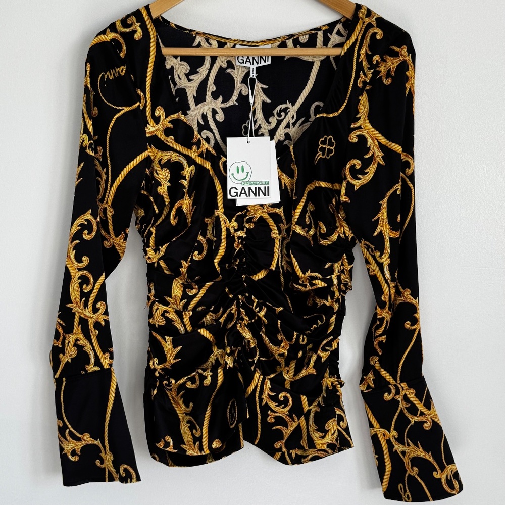 Ganni Silk Stretch Blouse Gathered Fitted Black & Gold Baroque - Picture 3 of 16